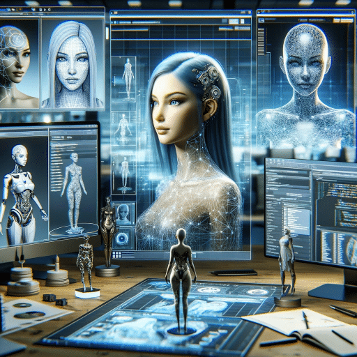 A high-tech digital workspace with multiple screens displaying various stages of AI model creation, including a 3D model of a futuristic male influencer, a digital painting process, and coding for data analysis, set in a sleek and modern design studio.