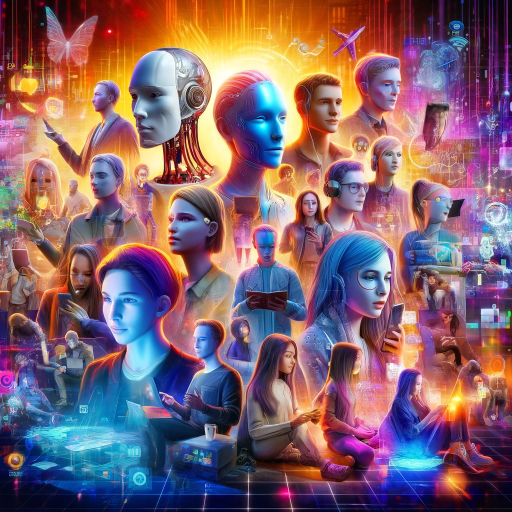 the illustration features multiple AI-generated figures, each depicted with unique, modern styles. These figures are engaged in various activities, such as speaking, performing, and interacting with advanced digital devices. The backdrop showcases augmented reality elements and neon lights, creating a dynamic and innovative atmosphere that highlights the impact of artificial intelligence on social media and digital communication.