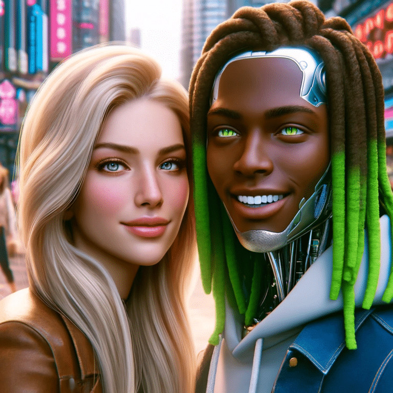 digital painting of a human influencer, resembling Chiara Ferragni, and an AI influencer modeled after the virtual rapper FN Meka. The human influencer is depicted as a beautiful Italian woman with blonde hair, dressed fashionably, interacting in a vibrant urban setting. The AI influencer has brown skin and human-like features, except for a metallic jaw, and sports green dreadlocks, contributing to his futuristic look. They both appear friendly and joyful, symbolizing the integration of human and technological elements in a modern cityscape.