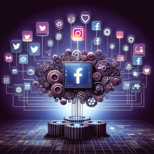 concept of automating social media content. It features a large, centralized computer screen that displays various social media icons such as Facebook, Twitter, and Instagram. These icons are connected to a network of gears and automated machinery, symbolizing the process of automation. The background is in a dark violet color, enhancing the modern and technological feel of the image. The overall design is futuristic and efficient, capturing the essence of social media automation.