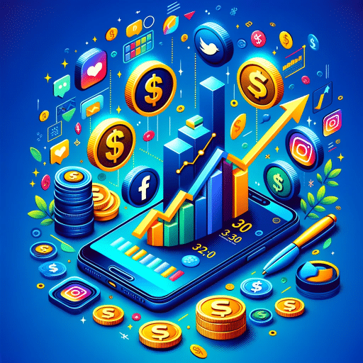 making money on social media, featuring symbols of money like dollar signs and coins mixed with social media icons such as Instagram, Facebook, YouTube, and Twitter. These elements encircle a smartphone showing a growth graph, set against a professional blue background, symbolizing trust and digital appeal.