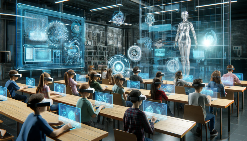 A futuristic digital classroom with students using VR headsets and interacting with AR holographic interfaces, highlighting advanced educational technologies.