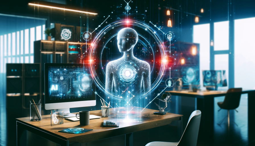 Make Money as an AI Influencer - AI influencer analyzing complex data on multiple floating holographic screens, showcasing the use of analytics in digital content strategy.