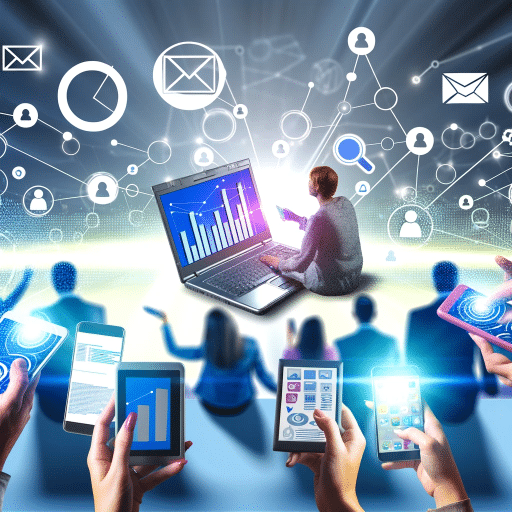 digital illustration showcasing a dynamic affiliate marketing scene. It features a diverse group of people using different digital devices, such as laptops, smartphones, and tablets, integrated with icons of social media, emails, and clickable links, creating a modern and interconnected environment.